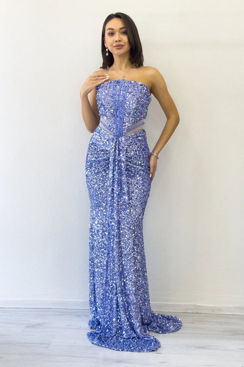 Bebe Mavi Straplez Bel Dekolteli Pul Payet Abiye Elbise