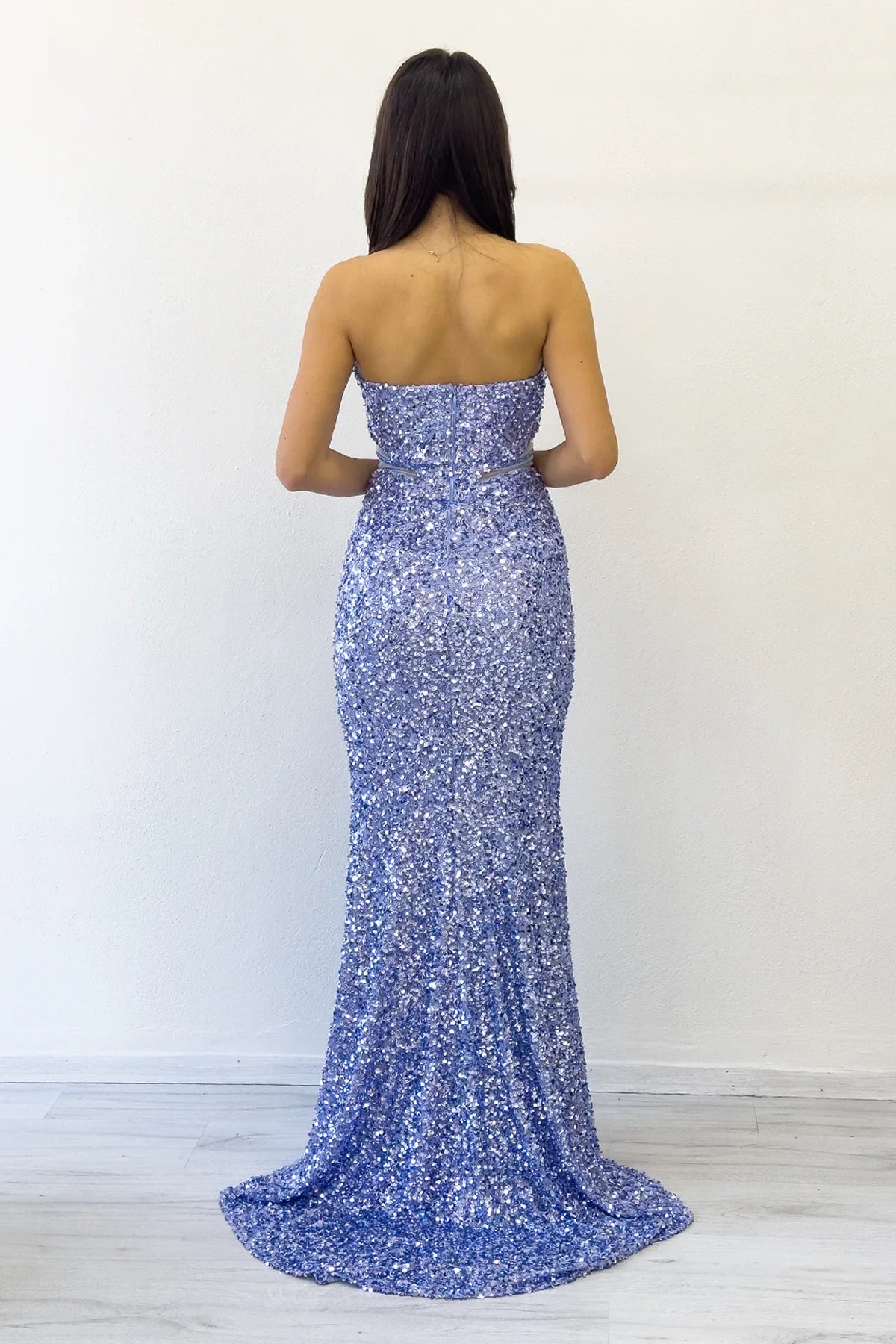 Bebe Mavi Straplez Bel Dekolteli Pul Payet Abiye Elbise