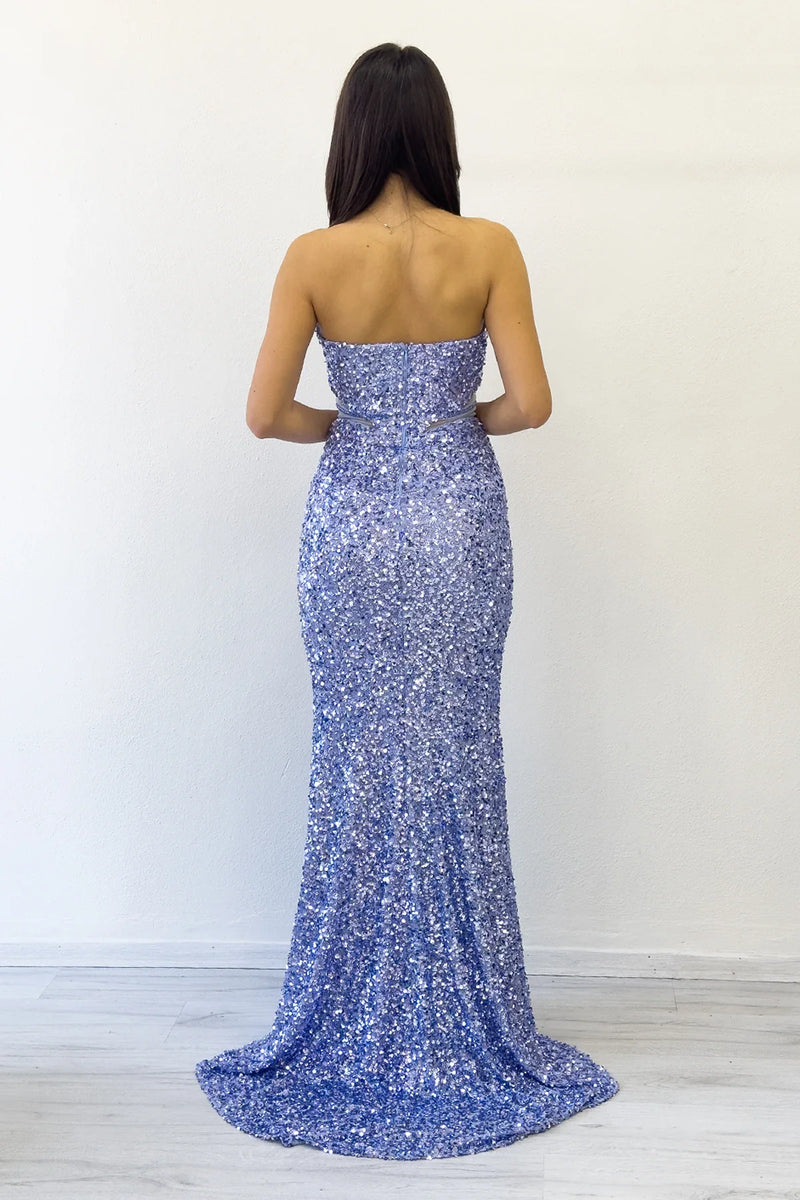 Bebe Mavi Straplez Bel Dekolteli Pul Payet Abiye Elbise