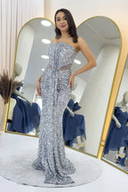 Gümüş Straplez Bel Dekolteli Pul Payet Abiye Elbise