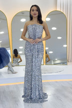 Gümüş Straplez Bel Dekolteli Pul Payet Abiye Elbise