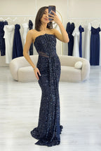 Lacivert Straplez Bel Dekolteli Pul Payet Abiye Elbise