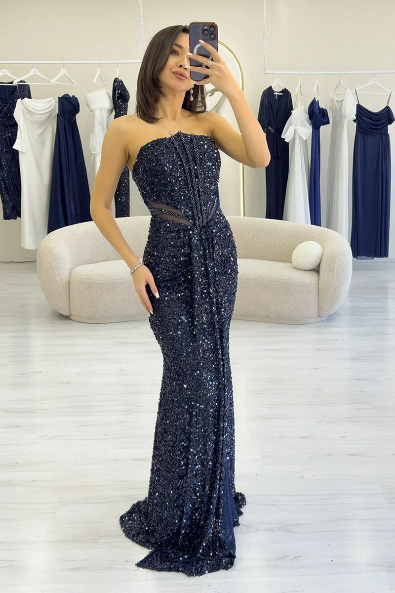 Lacivert Straplez Bel Dekolteli Pul Payet Abiye Elbise