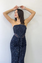 Lacivert Straplez Bel Dekolteli Pul Payet Abiye Elbise