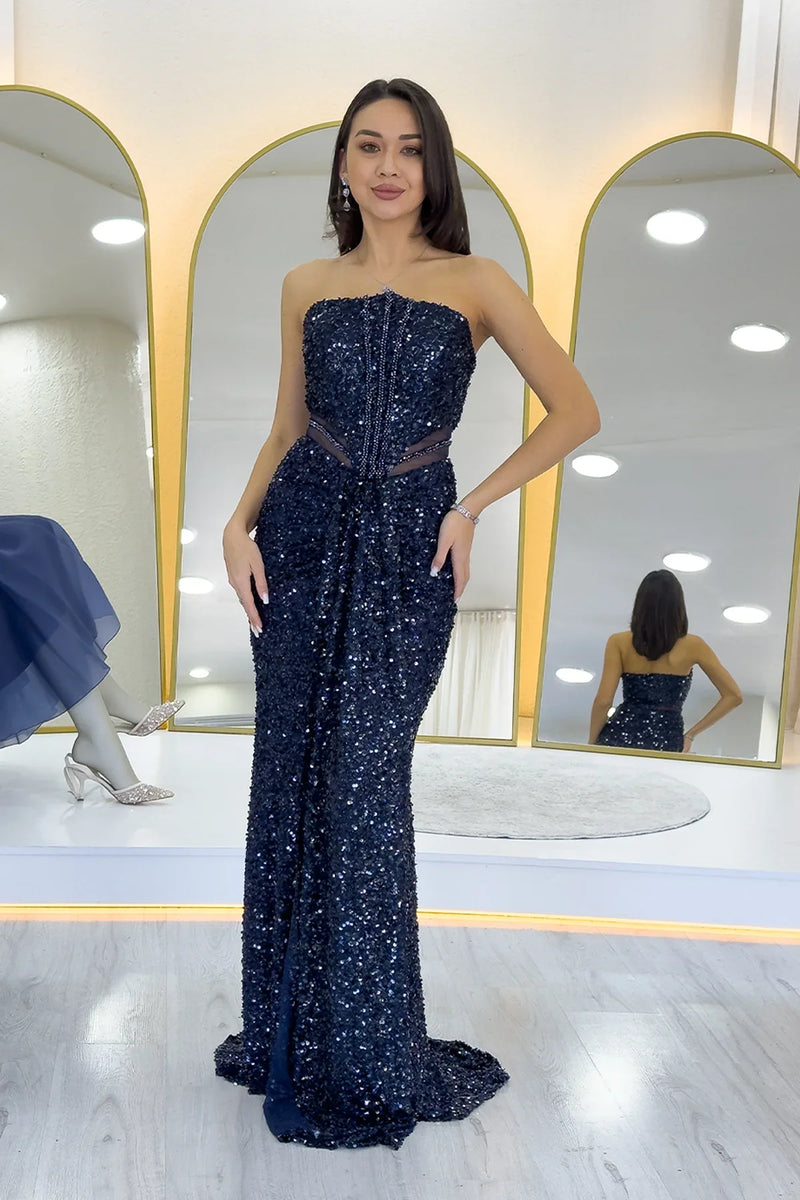 Lacivert Straplez Bel Dekolteli Pul Payet Abiye Elbise