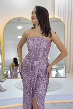 Pudra Straplez Bel Dekolteli Pul Payet Abiye Elbise