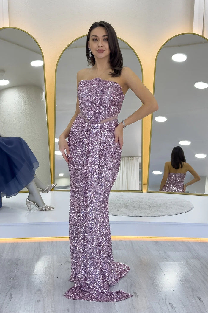 Pudra Straplez Bel Dekolteli Pul Payet Abiye Elbise