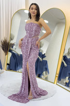 Pudra Straplez Bel Dekolteli Pul Payet Abiye Elbise