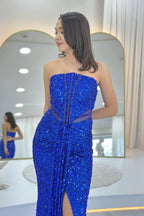 Saks Mavisi Straplez Bel Dekolteli Pul Payet Abiye Elbise