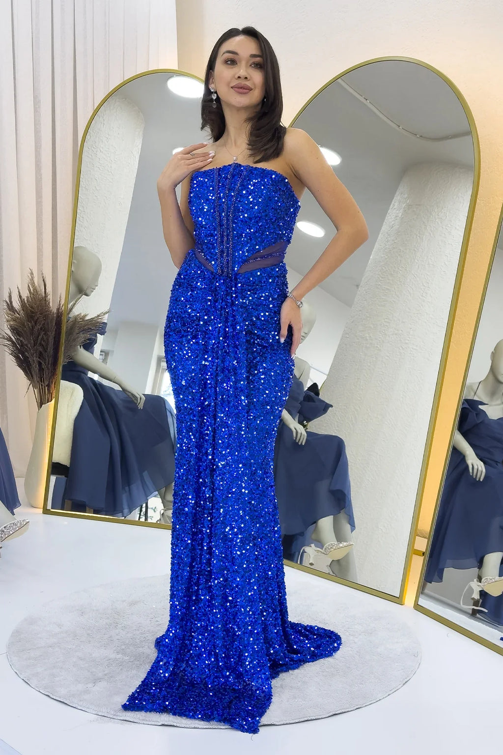 Saks Mavisi Straplez Bel Dekolteli Pul Payet Abiye Elbise