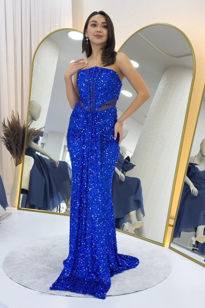 Saks Mavisi Straplez Bel Dekolteli Pul Payet Abiye Elbise