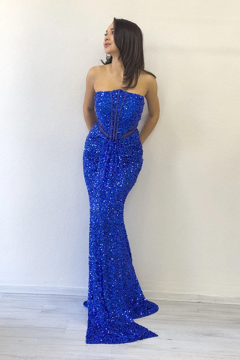 Saks Mavisi Straplez Bel Dekolteli Pul Payet Abiye Elbise