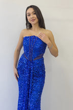 Saks Mavisi Straplez Bel Dekolteli Pul Payet Abiye Elbise