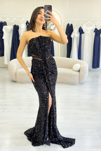 Siyah Straplez Bel Dekolteli Pul Payet Abiye Elbise