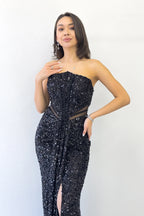 Siyah Straplez Bel Dekolteli Pul Payet Abiye Elbise