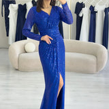 Kadın Saks Mavi Kruvaze Yaka Pul Payet Uzun Abiye Elbise