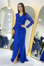 Kadın Saks Mavi Kruvaze Yaka Pul Payet Uzun Abiye Elbise 