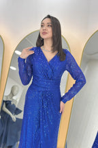 Kadın Saks Mavi Kruvaze Yaka Pul Payet Uzun Abiye Elbise 