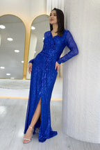 Kadın Saks Mavi Kruvaze Yaka Pul Payet Uzun Abiye Elbise 