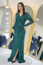 Kadın Yeşil Kruvaze Yaka Pul Payet Uzun Abiye Elbise 