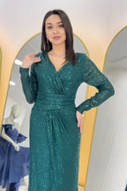 Kadın Yeşil Kruvaze Yaka Pul Payet Uzun Abiye Elbise 