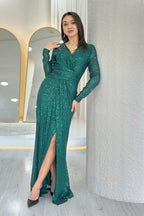 Kadın Yeşil Kruvaze Yaka Pul Payet Uzun Abiye Elbise 