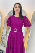 Fuşya Balon Kol Maxi Boy Kemerli Dantel Elbise 