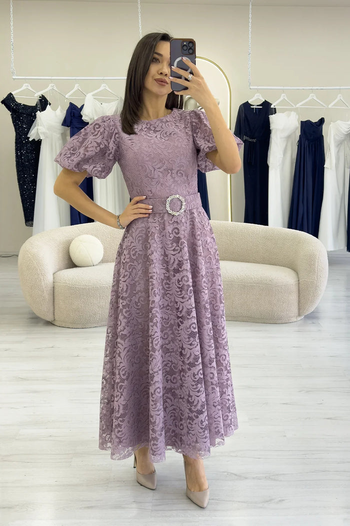 Gül Kurusu Balon Kol Maxi Boy Kemerli Dantel Elbise 