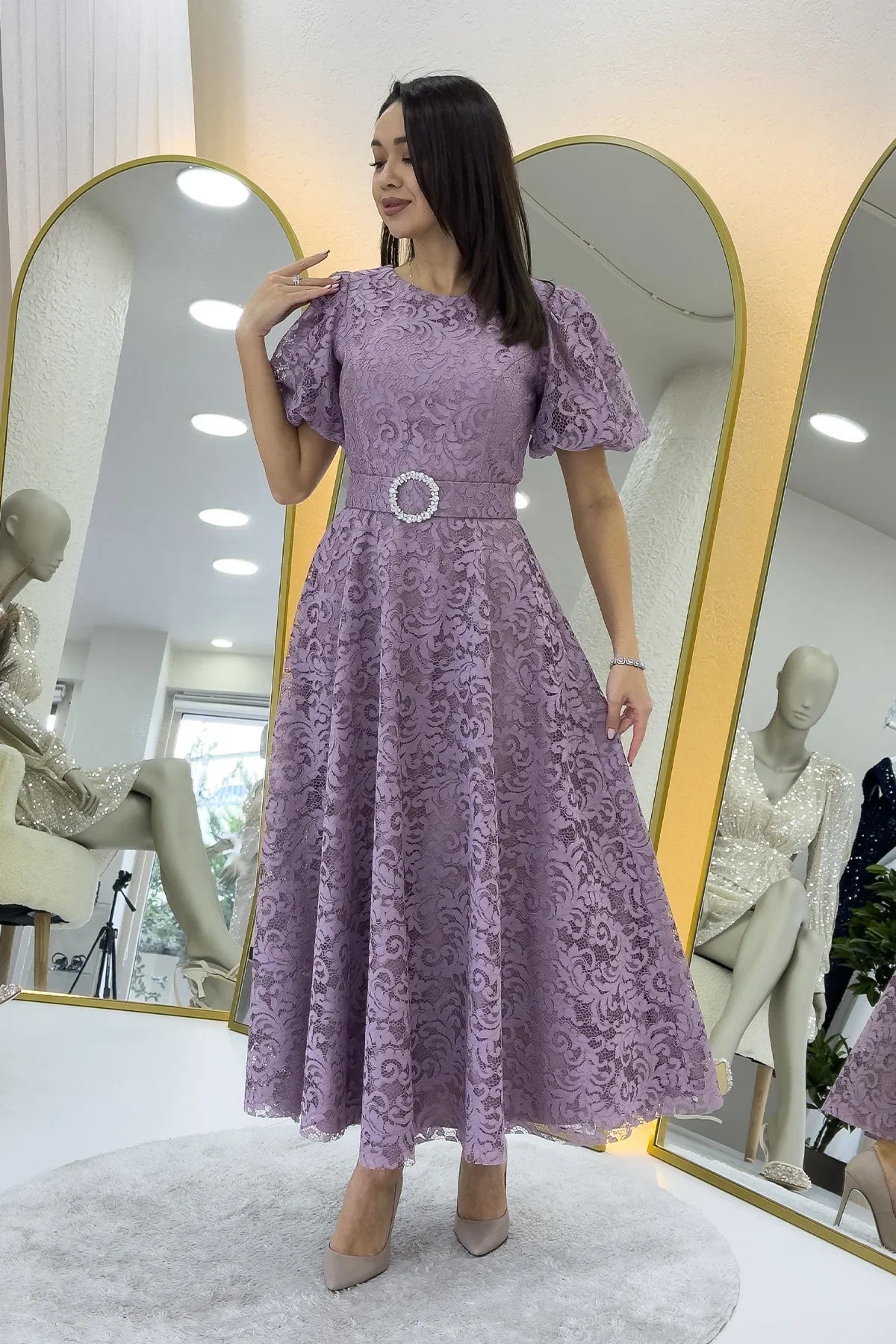 Gül Kurusu Balon Kol Maxi Boy Kemerli Dantel Elbise 