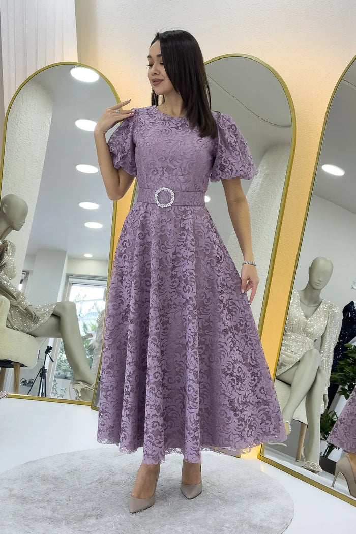 Gül Kurusu Balon Kol Maxi Boy Kemerli Dantel Elbise 