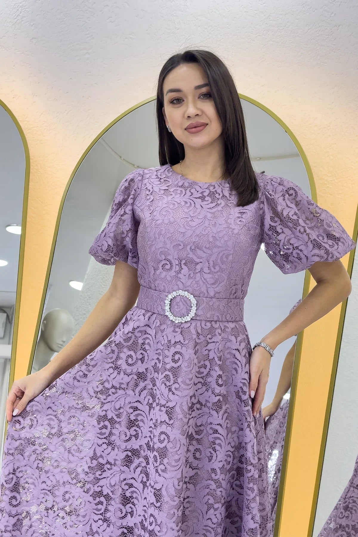 Gül Kurusu Balon Kol Maxi Boy Kemerli Dantel Elbise 