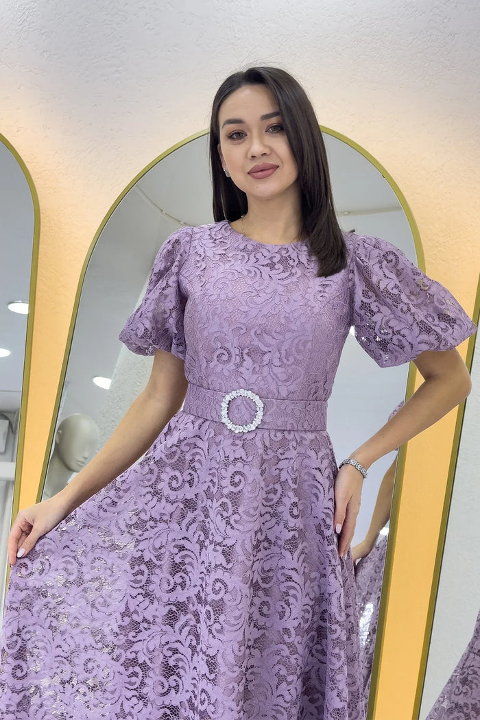 Gül Kurusu Balon Kol Maxi Boy Kemerli Dantel Elbise 