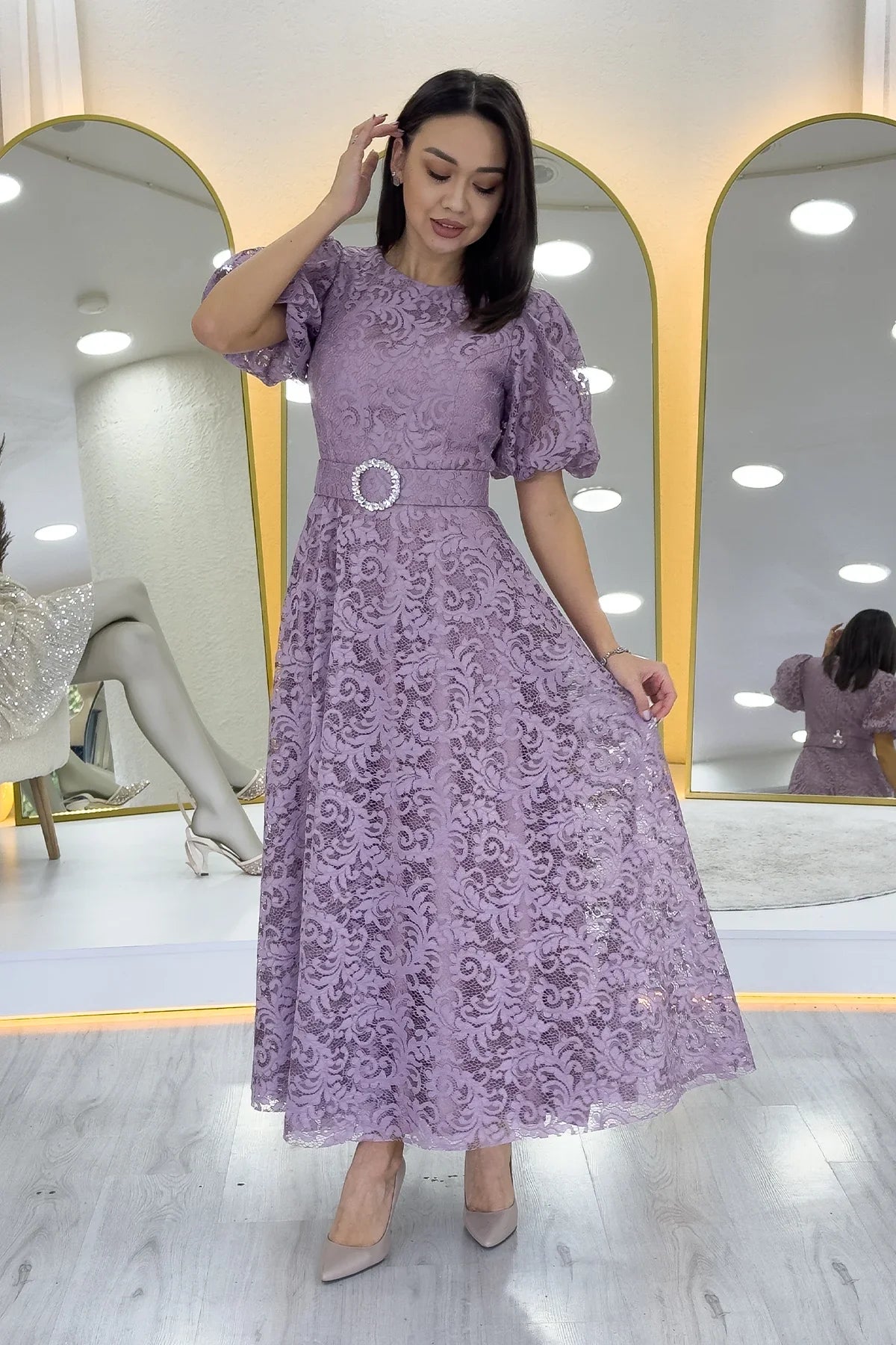 Gül Kurusu Balon Kol Maxi Boy Kemerli Dantel Elbise 