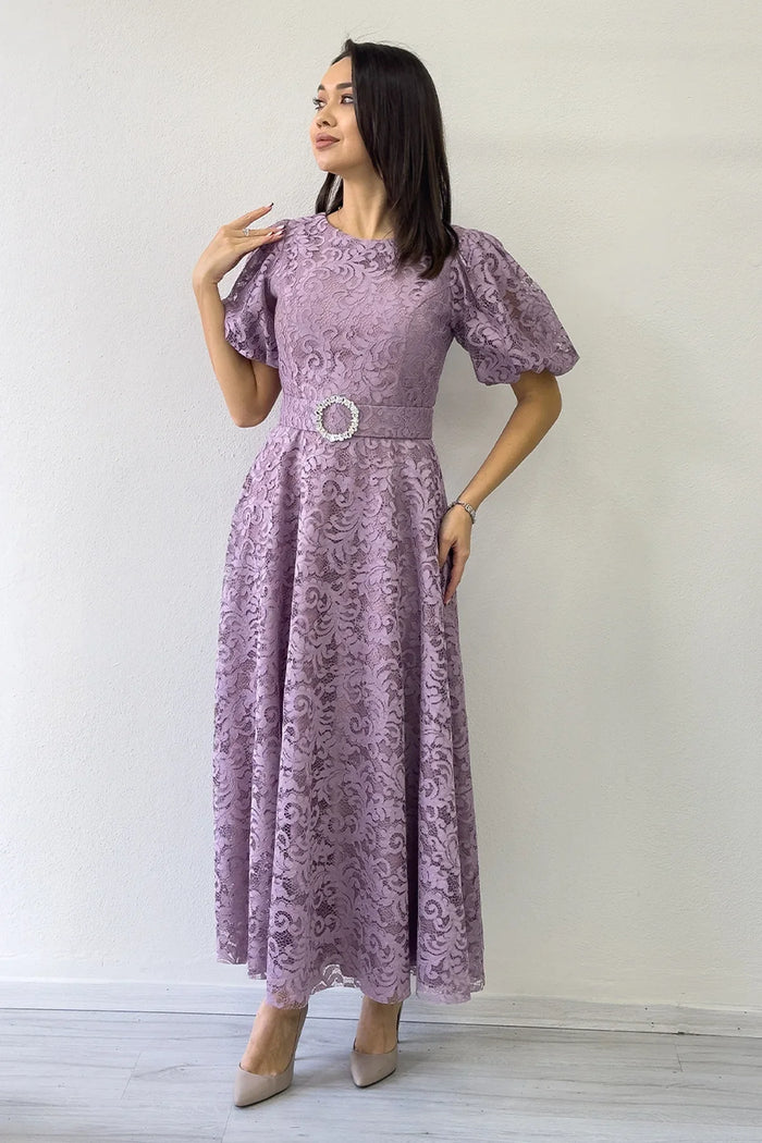 Gül Kurusu Balon Kol Maxi Boy Kemerli Dantel Elbise 