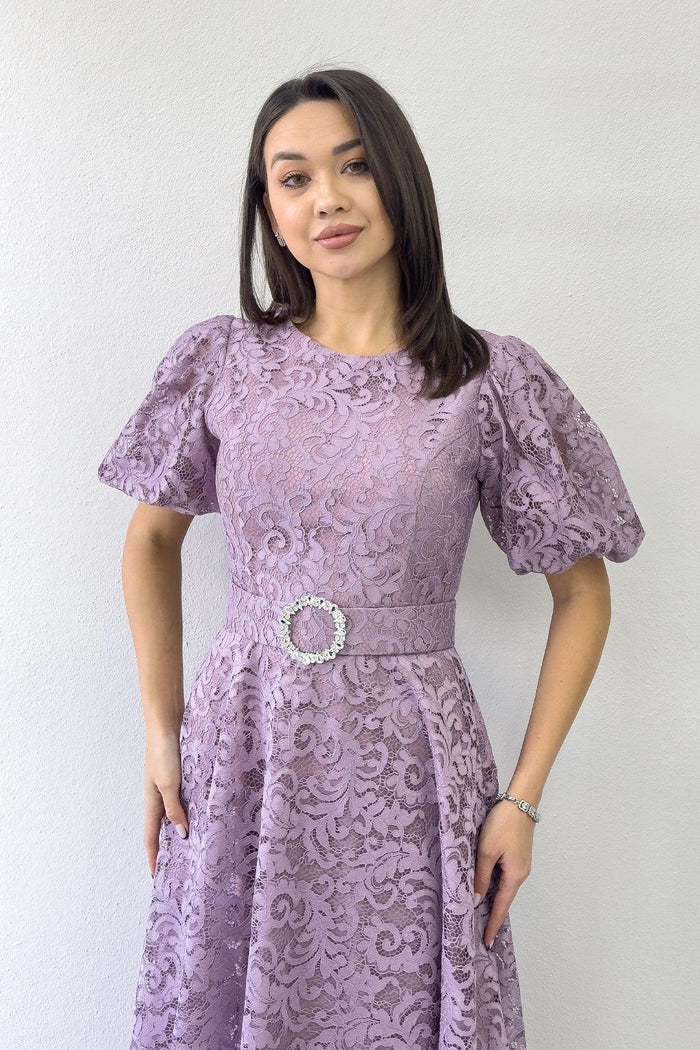 Gül Kurusu Balon Kol Maxi Boy Kemerli Dantel Elbise 