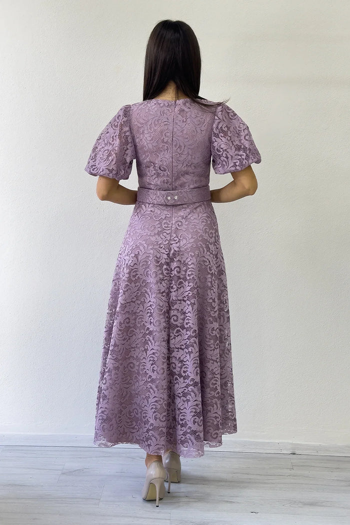 Gül Kurusu Balon Kol Maxi Boy Kemerli Dantel Elbise 