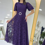 Mor Balon Kol Maxi Boy Kemerli Dantel Elbise