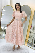 Pudra Balon Kol Maxi Boy Kemerli Dantel Elbise