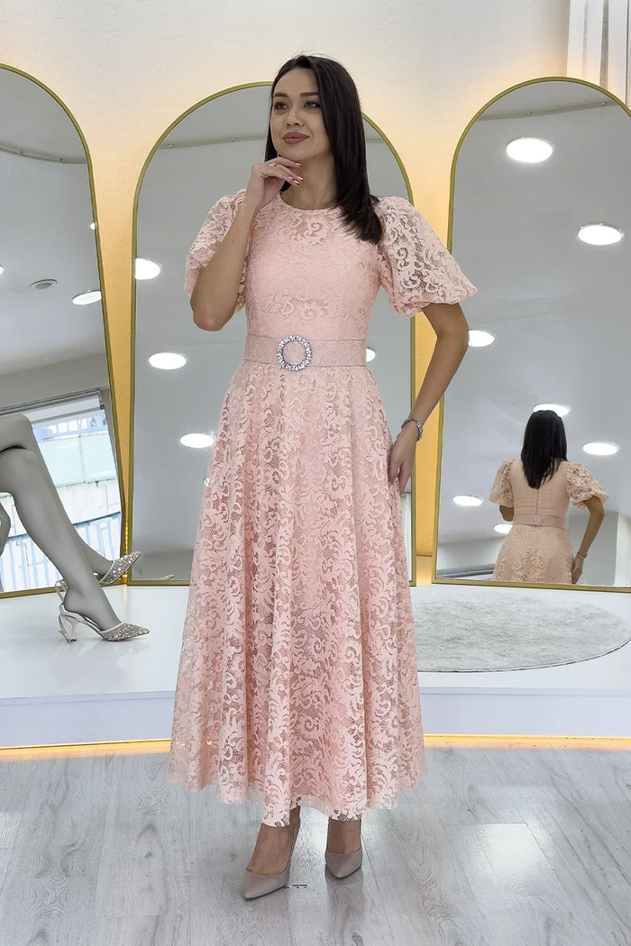 Pudra Balon Kol Maxi Boy Kemerli Dantel Elbise 