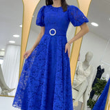 Saks Balon Kol Maxi Boy Kemerli Dantel Elbise