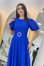 Saks Balon Kol Maxi Boy Kemerli Dantel Elbise 