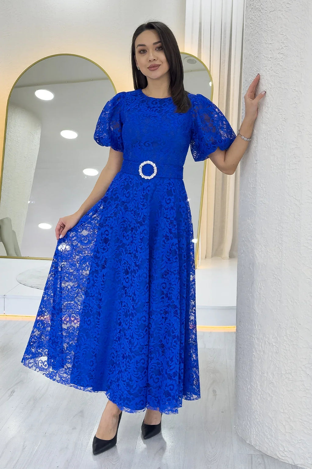 Saks Balon Kol Maxi Boy Kemerli Dantel Elbise 