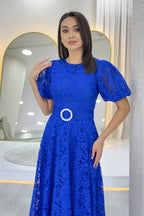 Saks Balon Kol Maxi Boy Kemerli Dantel Elbise 