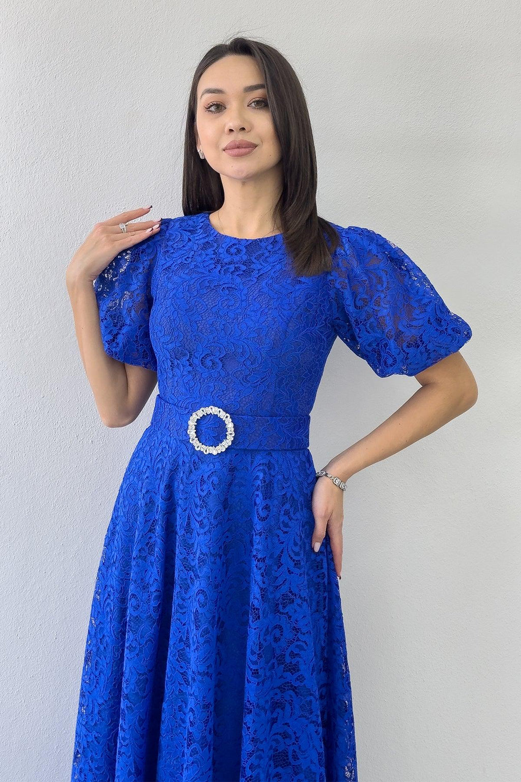 Saks Balon Kol Maxi Boy Kemerli Dantel Elbise 