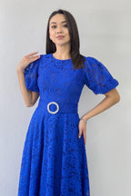 Saks Balon Kol Maxi Boy Kemerli Dantel Elbise 