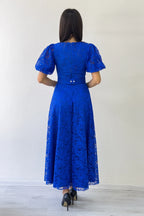 Saks Balon Kol Maxi Boy Kemerli Dantel Elbise 