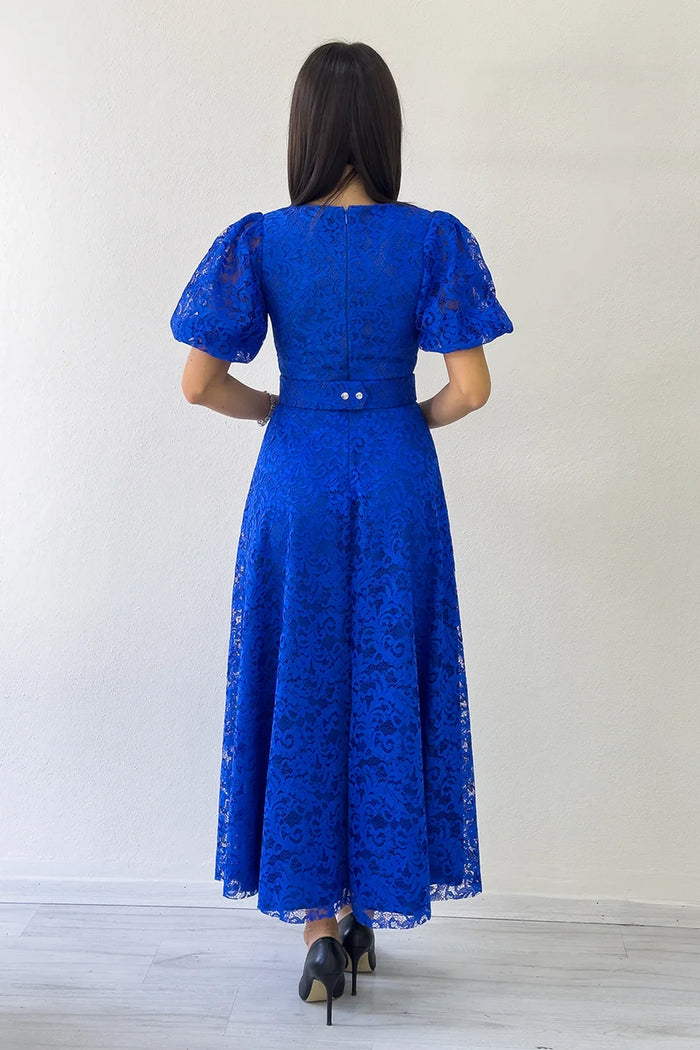 Saks Balon Kol Maxi Boy Kemerli Dantel Elbise 