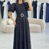 Siyah Balon Kol Maxi Boy Kemerli Dantel Elbise