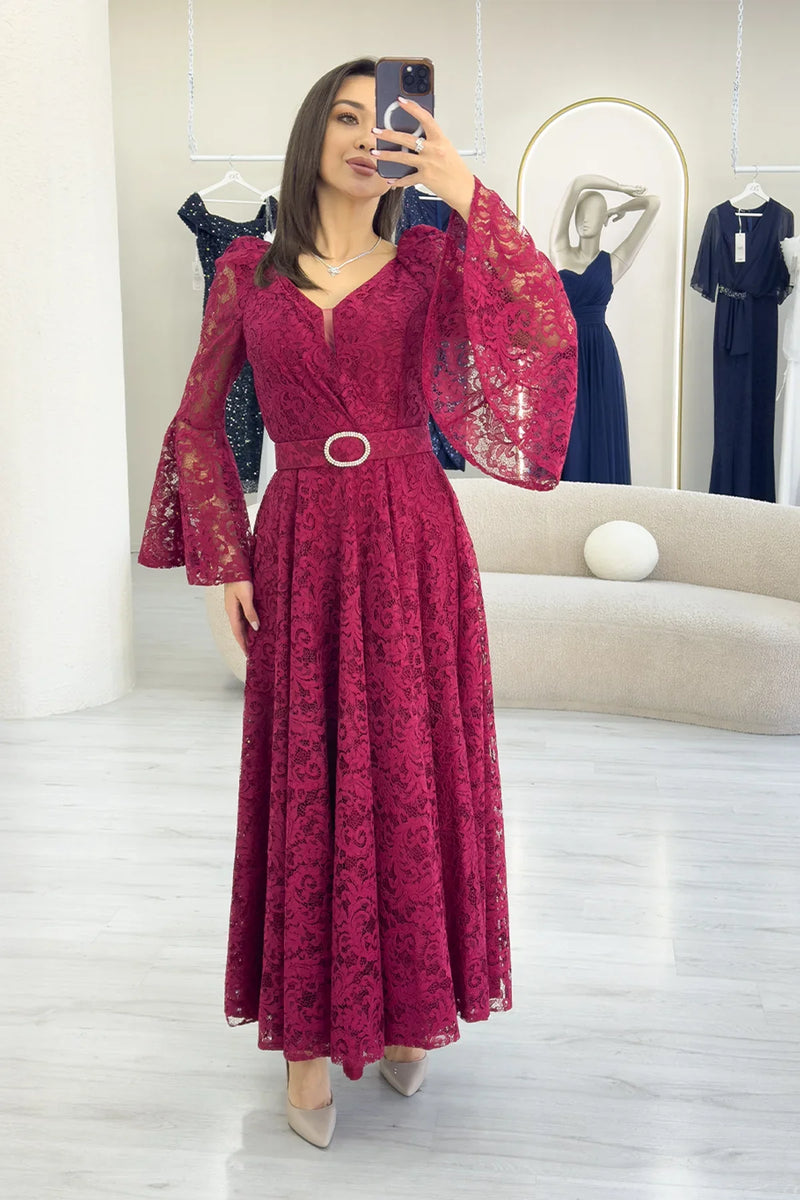 Bordo Kruvaze Yaka Kemer Detaylı Dantelli Uzun Kol Midi Boy Elbise