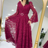 Bordo Kruvaze Yaka Kemer Detaylı Dantelli Uzun Kol Midi Boy Elbise